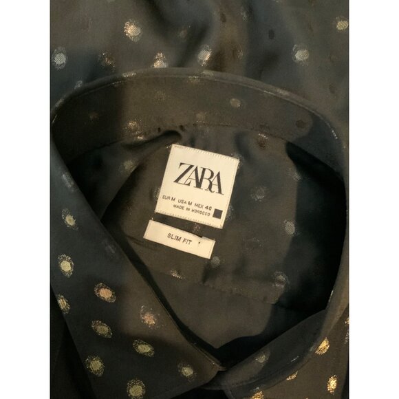 Zara Black Slim Fit Gold Polka Dot Long Sleeve Blouse, Size M - Picture 6 of 6